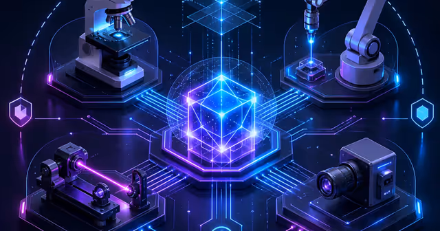 Ilustração de um agente de IA conectando microscópio, braço robótico, laser e sensores em laboratório