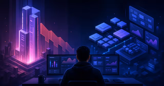 Ilustração de um desenvolvedor comparando uma torre de IA premium em queda com APIs modulares mais econômicas