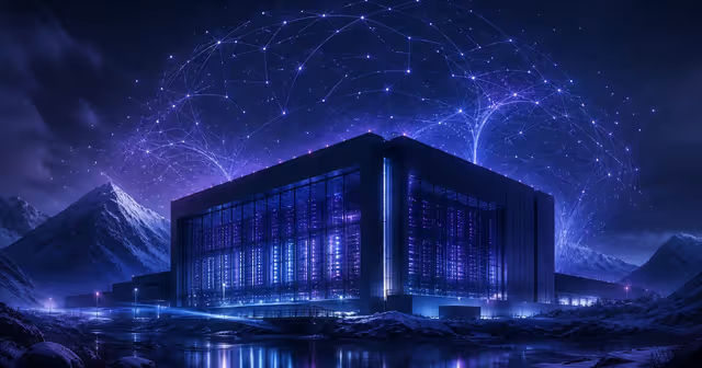 Ilustração de um grande data center nórdico com servidores iluminados e uma rede neural abstrata no céu noturno