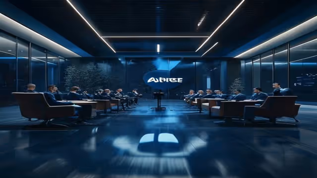 Ilustracao editorial: Apple processa OpenAI por roubo de segredos comerciais, tons escuros de azul e cinza, iluminacao cinematografica