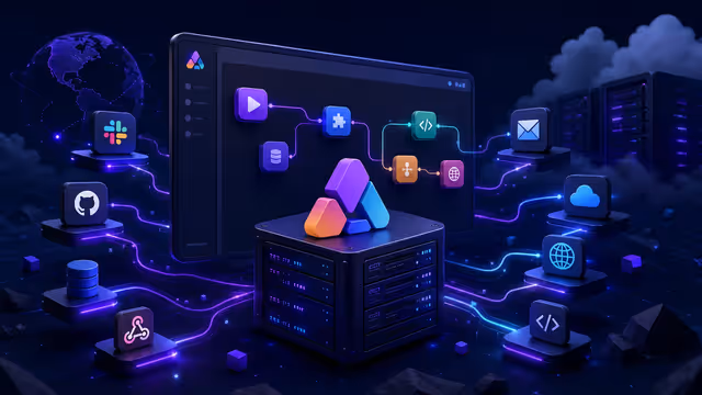 Ilustração do Activepieces executando fluxos de automação em um servidor VPS