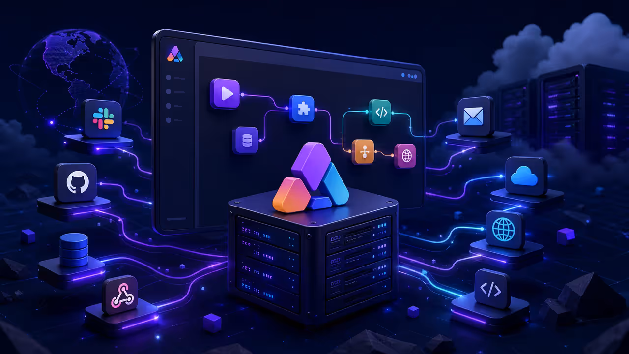 Ilustração do Activepieces executando fluxos de automação em um servidor VPS