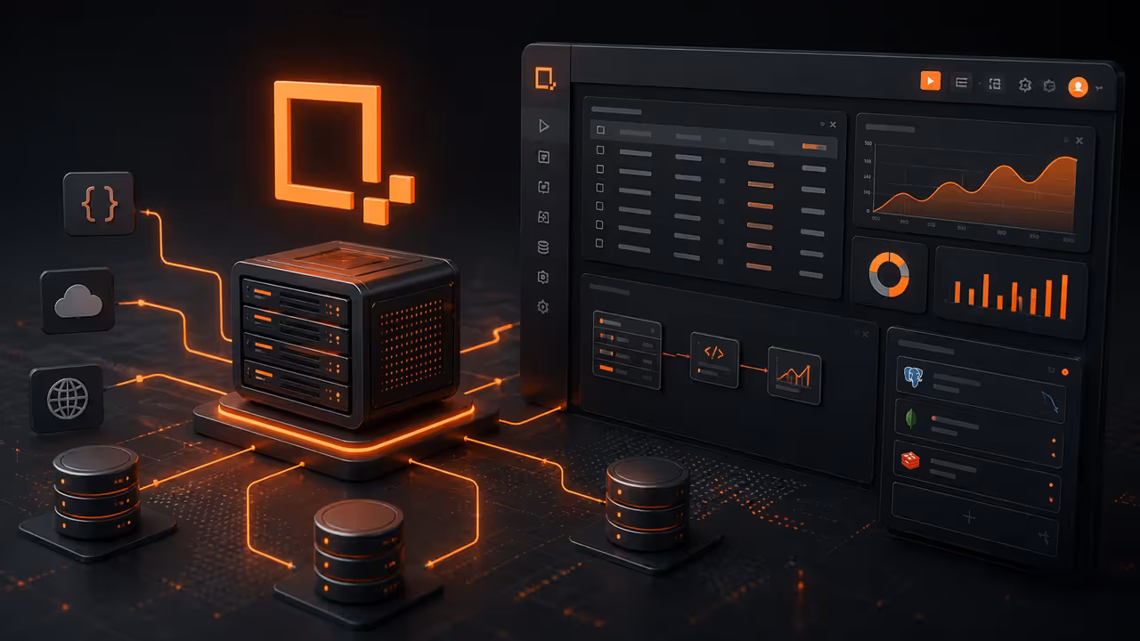 Ilustração do Appsmith auto-hospedado em uma VPS, conectando painéis internos a APIs e bancos de dados