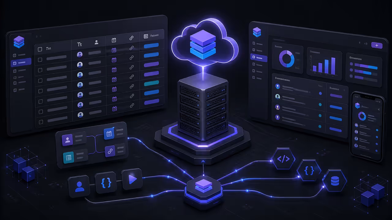 Ilustração do Baserow auto-hospedado em uma VPS, conectando uma base de dados, aplicações e APIs
