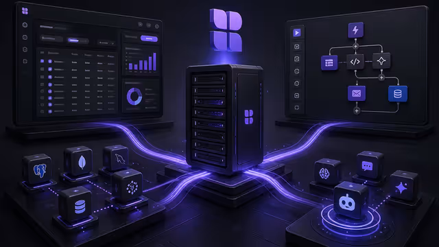 Ilustração do Budibase auto-hospedado em uma VPS, conectando aplicações internas, automações e fontes de dados