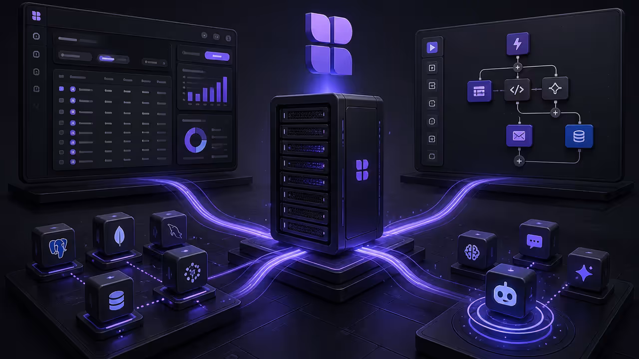 Ilustração do Budibase auto-hospedado em uma VPS, conectando aplicações internas, automações e fontes de dados
