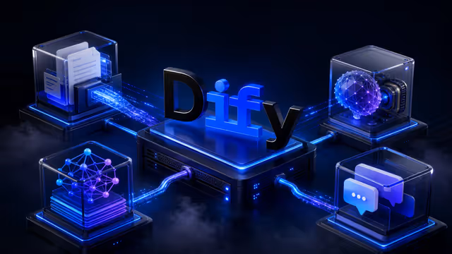 Ilustração do Dify executando um workflow de IA, RAG e chatbot em um servidor VPS