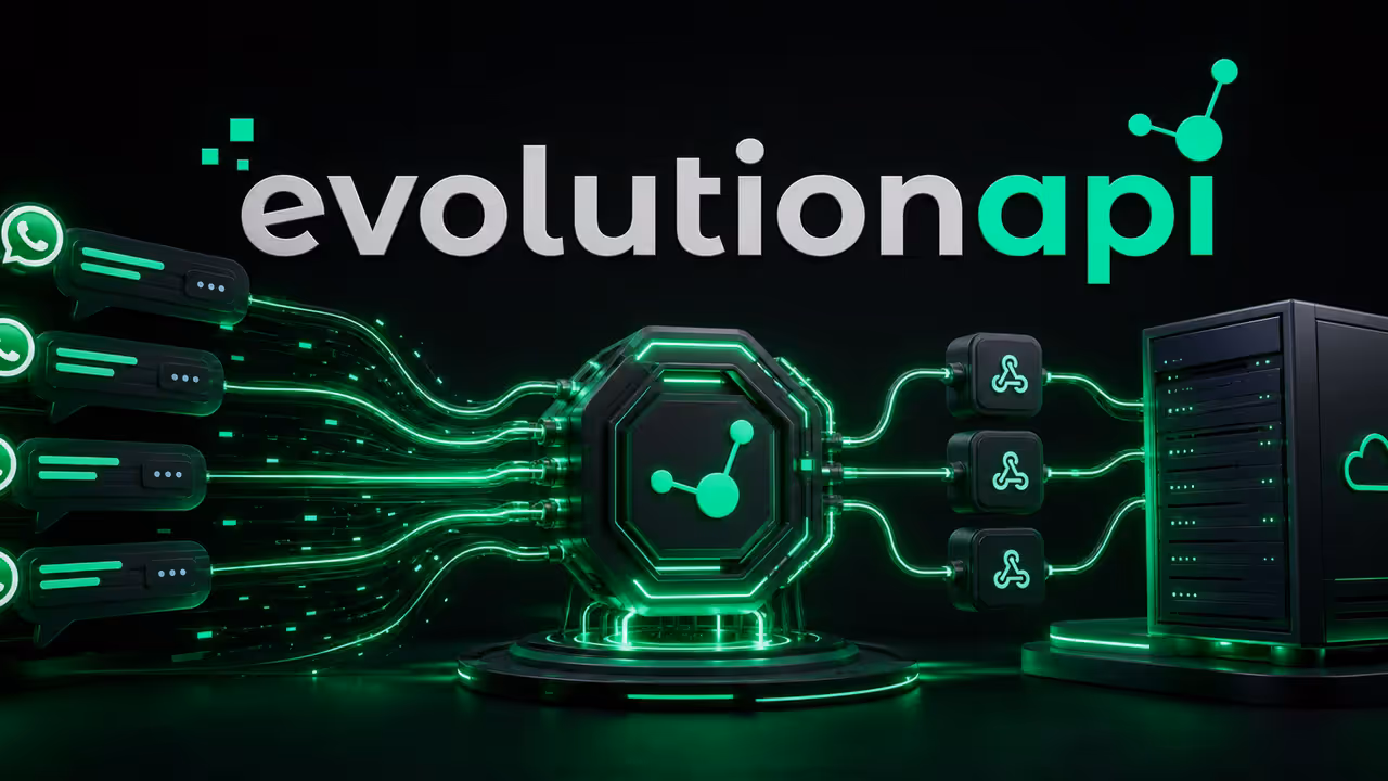 Ilustração da Evolution Go conectando conversas do WhatsApp a uma API hospedada em servidor VPS