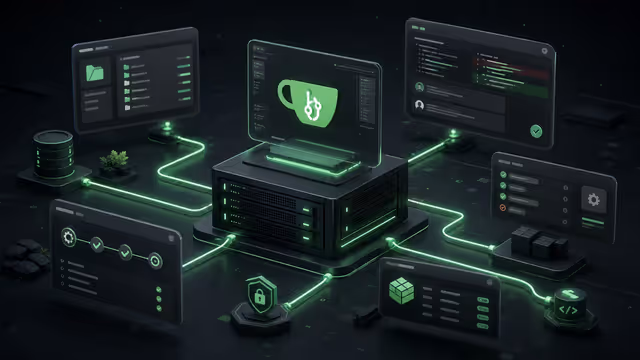 Ilustração do Gitea auto-hospedado em uma VPS, reunindo repositórios Git, revisão de código, issues e CI/CD