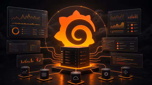 Ilustração do Grafana em uma VPS, com dashboards, alertas e fontes de dados de observabilidade