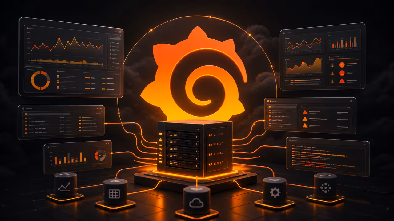 Ilustração do Grafana em uma VPS, com dashboards, alertas e fontes de dados de observabilidade