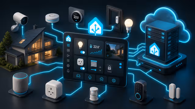 Ilustração do Home Assistant em uma VPS, conectando painel, sensores, luzes, tomadas, câmeras e automações de uma casa inteligente