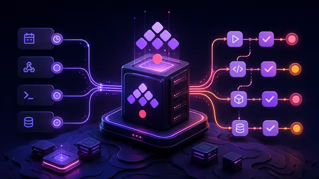 Ilustração da Kestra orquestrando workflows de dados e automação em um servidor VPS
