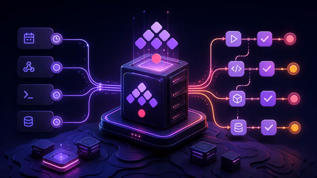 Ilustração da Kestra orquestrando workflows de dados e automação em um servidor VPS