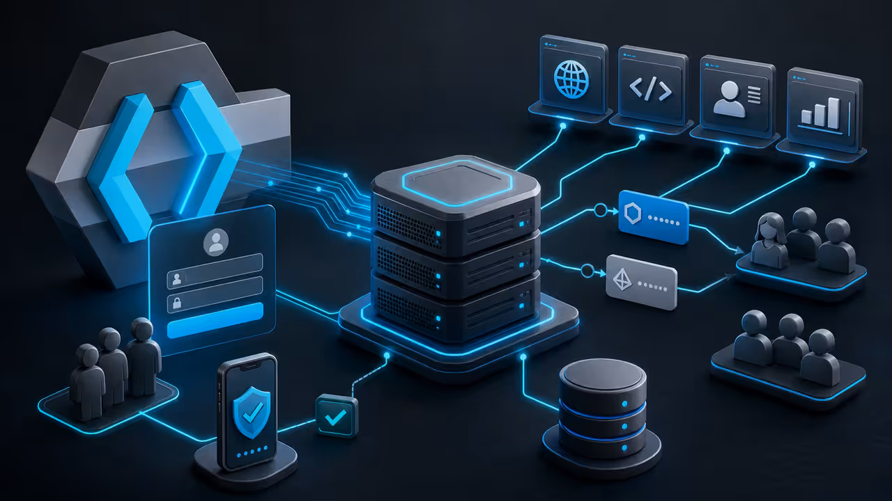 Ilustração do Keycloak centralizando login, autenticação e permissões em um servidor VPS