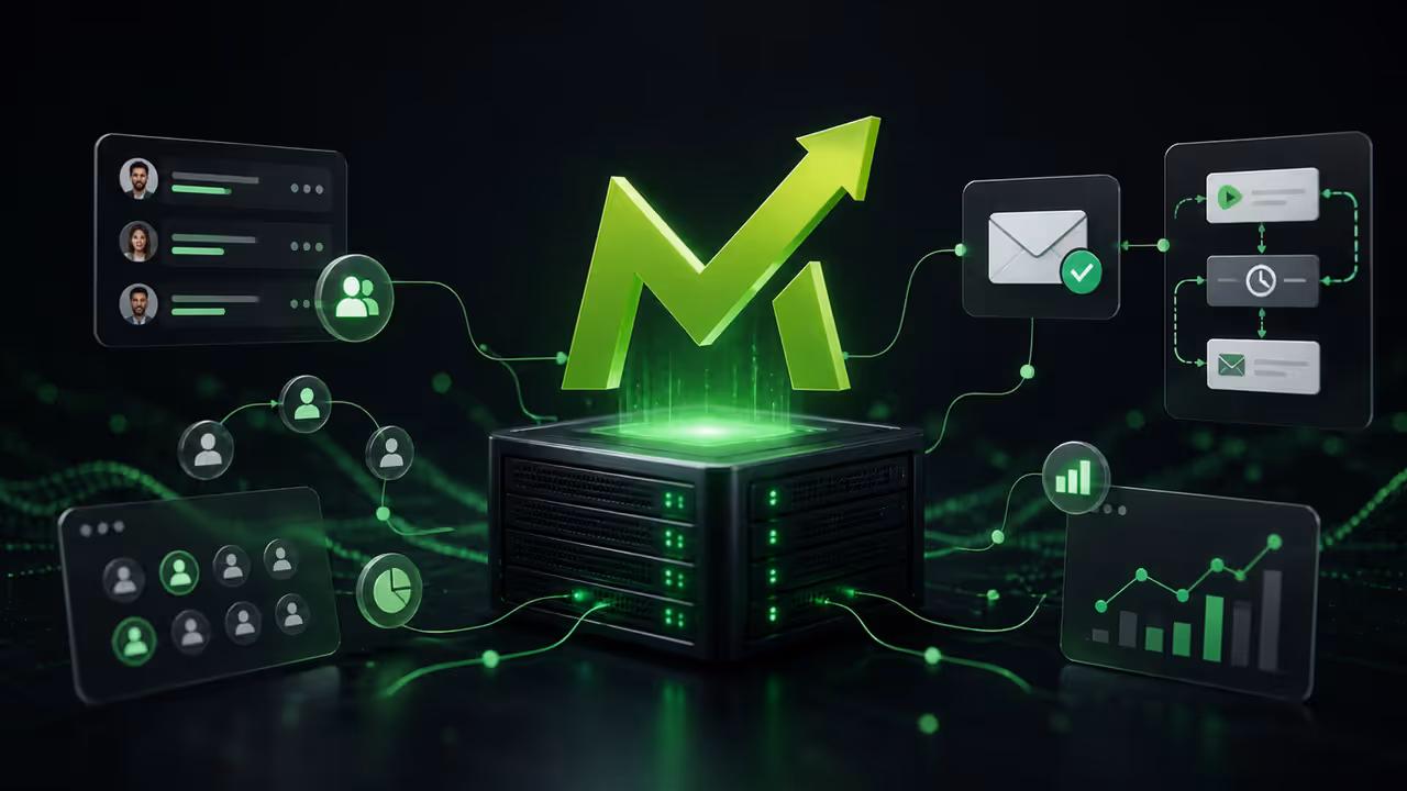 Ilustração do Mautic automatizando campanhas e contatos em um servidor VPS