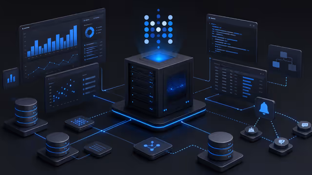 Ilustração do Metabase em uma VPS, com dashboards, consultas e bancos de dados conectados
