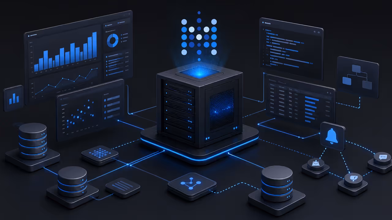 Ilustração do Metabase em uma VPS, com dashboards, consultas e bancos de dados conectados