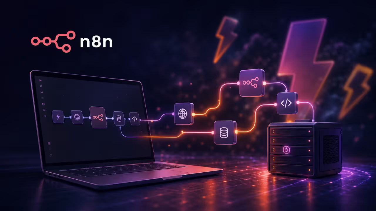 Ilustração do n8n rodando em um servidor VPS, com nós de workflow conectados entre um notebook e um servidor