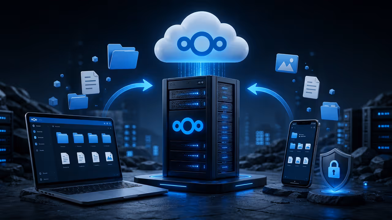 Ilustração do Nextcloud em uma VPS, sincronizando arquivos entre dispositivos e uma nuvem privada