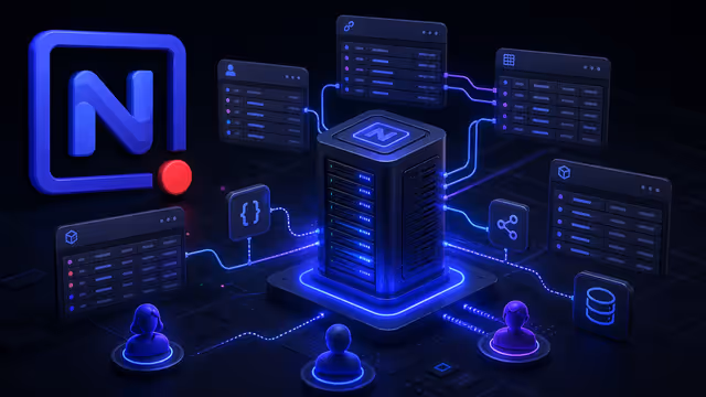 Ilustração do NocoDB auto-hospedado em uma VPS, conectando tabelas, dados e APIs
