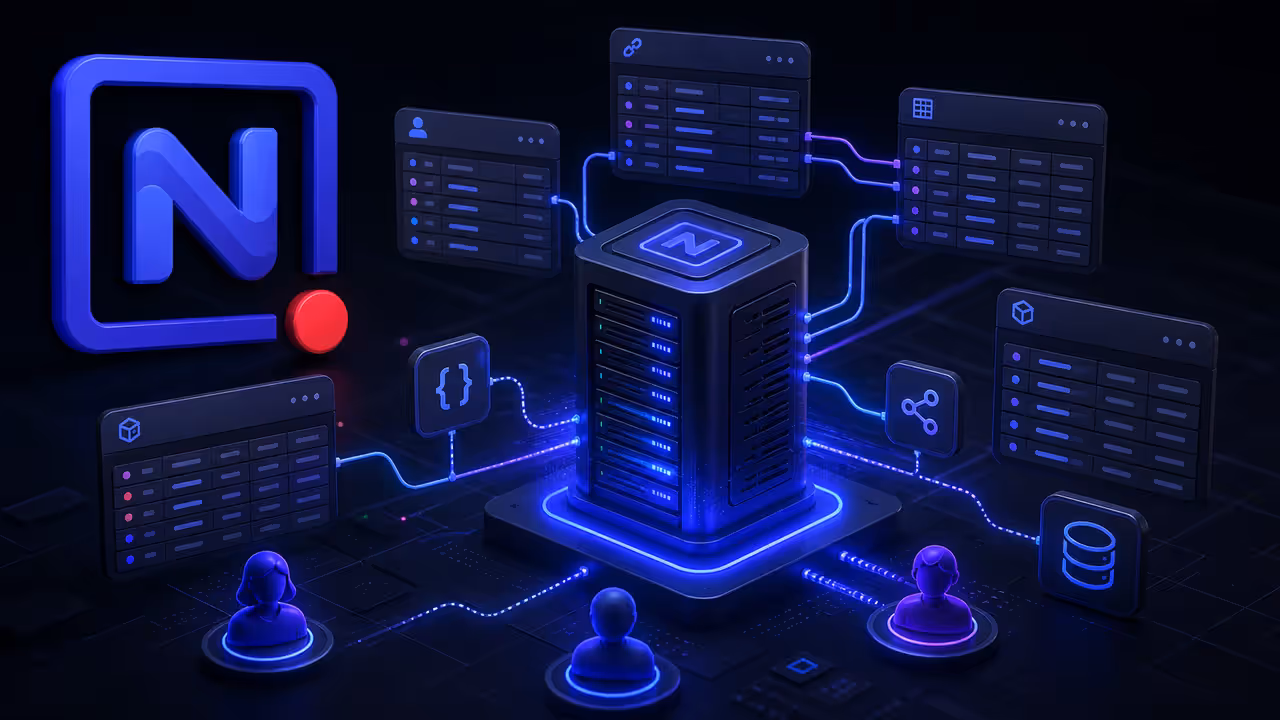 Ilustração do NocoDB auto-hospedado em uma VPS, conectando tabelas, dados e APIs