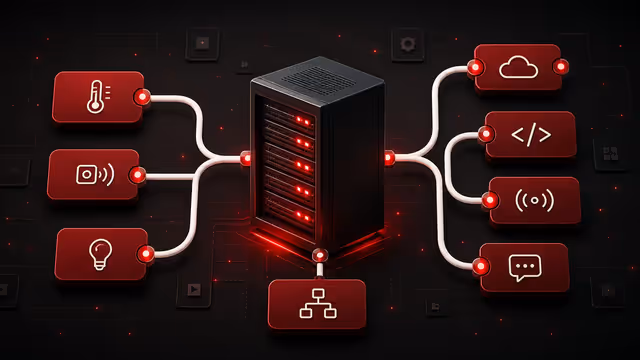 Ilustração do Node-RED auto-hospedado em uma VPS conectando dispositivos IoT, APIs e serviços online