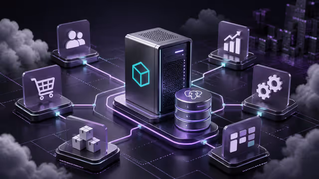Ilustração do Odoo auto-hospedado em uma VPS, conectando CRM, vendas, estoque, financeiro e produção