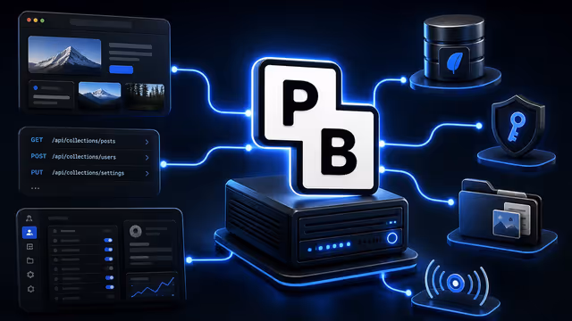 Ilustração do PocketBase auto-hospedado em uma VPS, com API, painel administrativo, banco SQLite, arquivos e assinaturas em tempo real