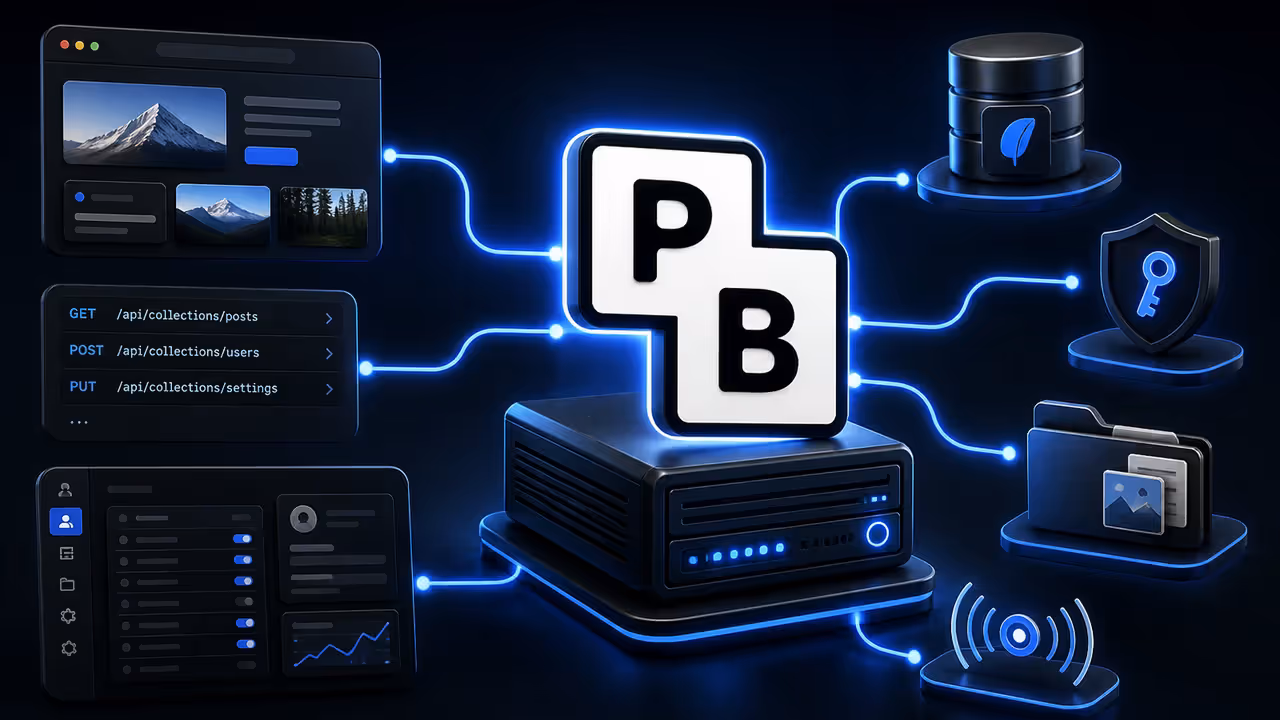 Ilustração do PocketBase auto-hospedado em uma VPS, com API, painel administrativo, banco SQLite, arquivos e assinaturas em tempo real