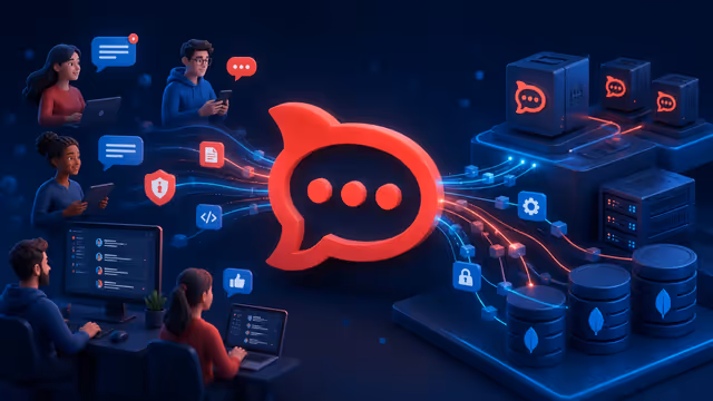 Ilustração do Rocket.Chat conectando uma equipe a uma infraestrutura VPS com MongoDB