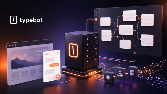 Ilustração do Typebot criando fluxos de chatbot e atendendo visitantes a partir de um servidor VPS