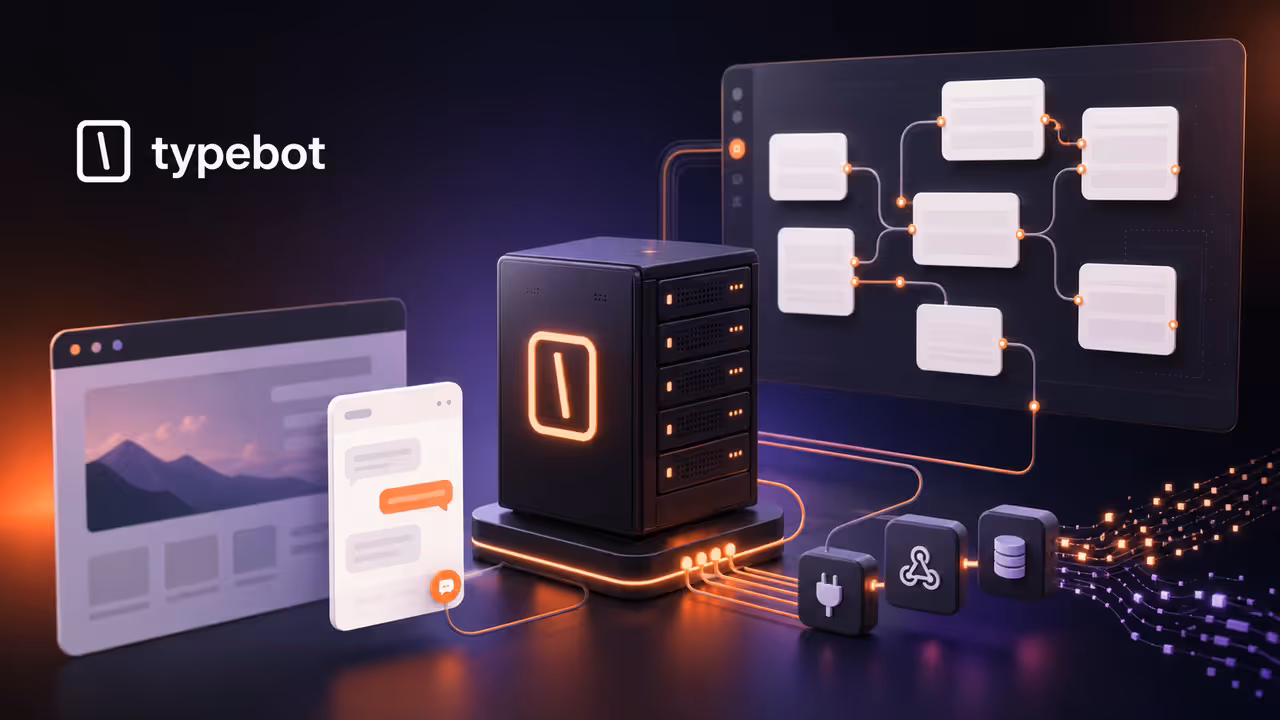Ilustração do Typebot criando fluxos de chatbot e atendendo visitantes a partir de um servidor VPS
