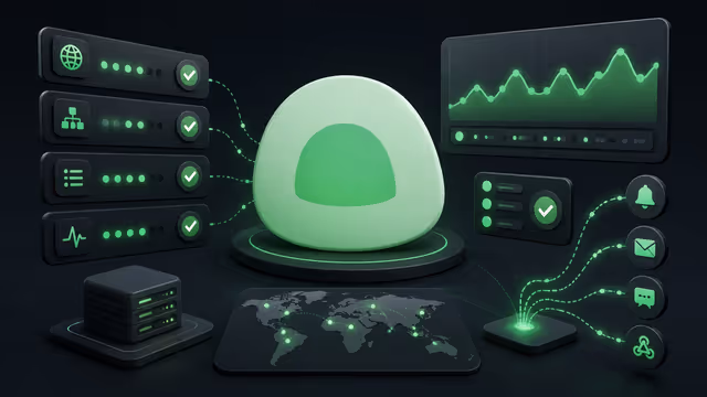 Ilustração do Uptime Kuma em uma VPS, com monitores de serviços, gráfico de latência, alertas e página de status