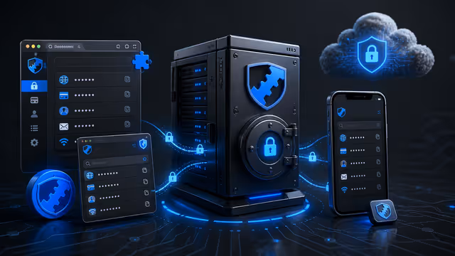 Ilustração do Vaultwarden em uma VPS, com um cofre de senhas, servidor seguro, navegador e celular conectados por criptografia