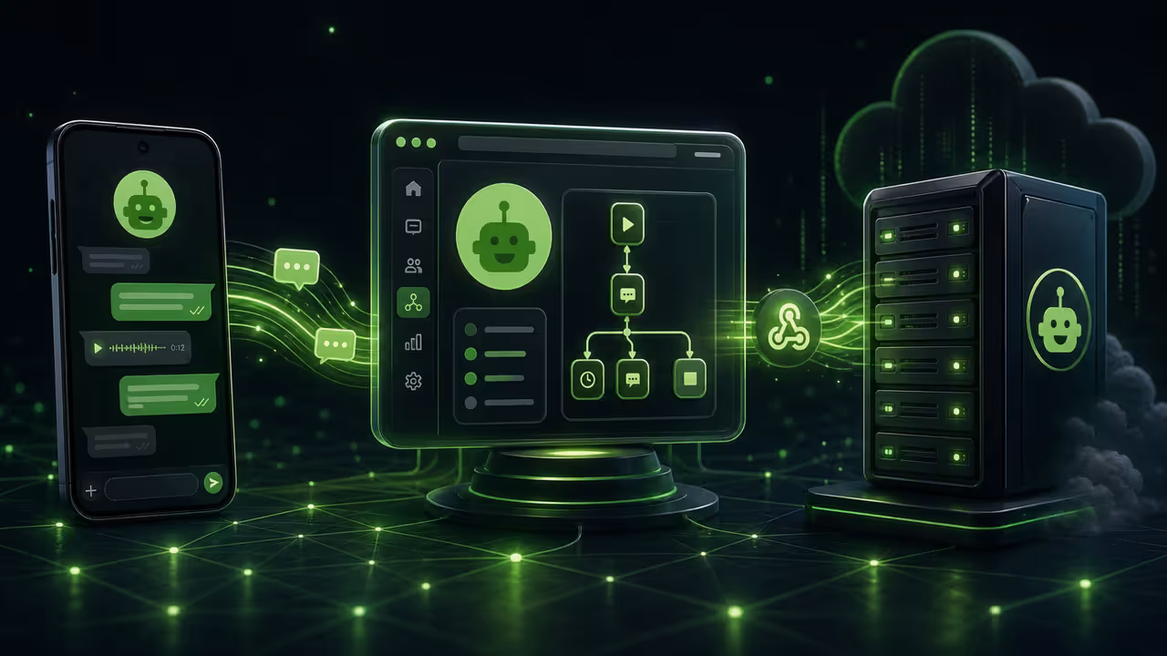 Ilustração do WAHA conectando o WhatsApp a automações e webhooks em um servidor VPS