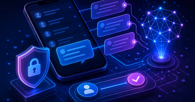 Ilustração de celular com mensagens assistidas por IA, escudo de privacidade e aprovação humana antes do envio