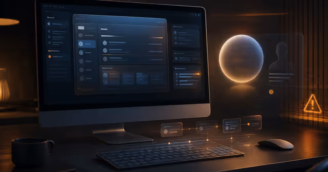 Desktop de Mac com histórico de atividades observado por uma inteligência artificial e alerta de privacidade