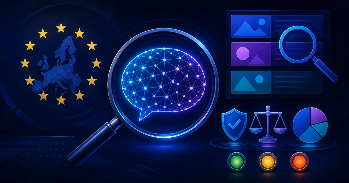 Ilustração de uma IA sob análise regulatória europeia, ao lado de busca e indicadores de conformidade