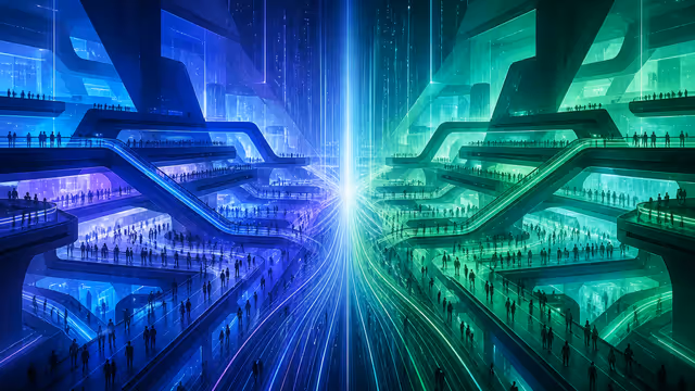Dois terminais futuristas lotados representam a disputa entre ChatGPT e Gemini por 1 bilhão de usuários