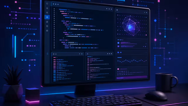 Estação de trabalho Linux com terminal e assistente de programação por inteligência artificial
