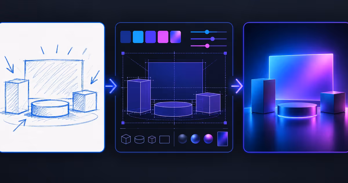 Sequência visual mostra um rabisco, o contexto de composição e o resultado final de uma imagem criada com inteligência artificial