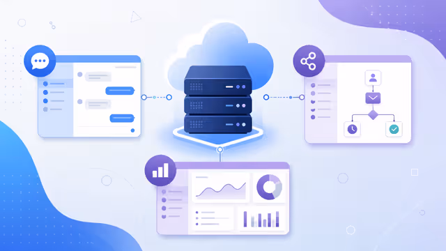 Ilustração de atendimento, automação de marketing e CRM conectados a uma VPS