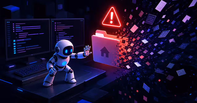 Robô de IA diante de terminal Linux enquanto arquivos do diretório pessoal são apagados