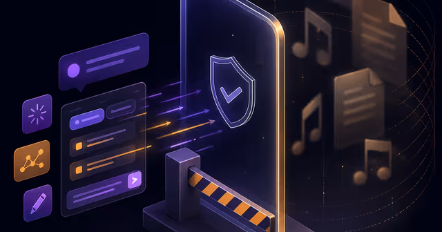 Interface de IA com prompts atravessando uma barreira de copyright diante de notas musicais e documentos protegidos.