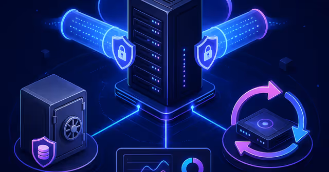 Servidor em VPS conectado por túnel seguro com backup externo, restauração e monitoramento ao redor