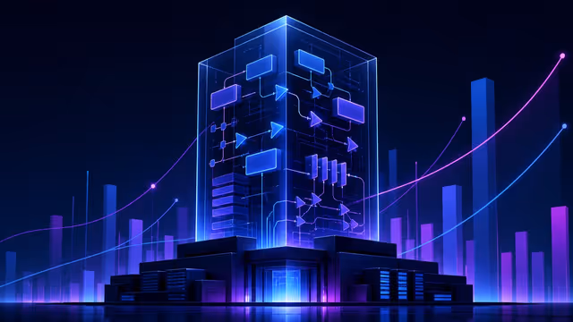 Torre de vidro com fluxos autônomos de software e gráficos abstratos de valorização