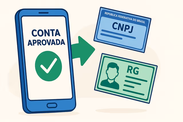 Smartphone mostrando conta PJ aprovada com documentos CNPJ e RG ao lado, ilustração flat design