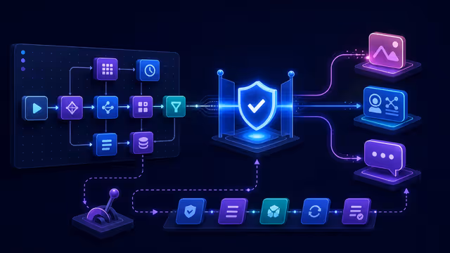 Ilustração de um workflow seguro para automatizar posts, com aprovação, múltiplos destinos, registro e fallback manual