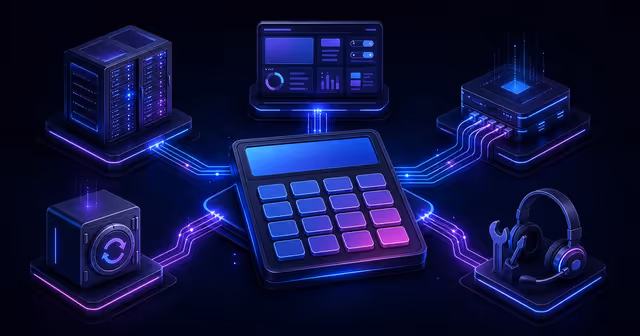 Ilustração editorial de uma calculadora conectada às camadas de custo de uma VPS.